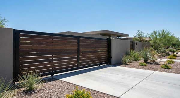 Modern horizontal steel gate with floating slat design installed in Arcadia Phoenix Arizona